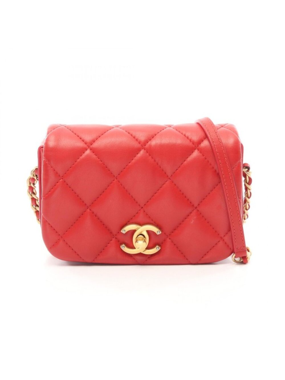 Chanel Shoulder Bag Quilted Mini Red Lambskin Chain